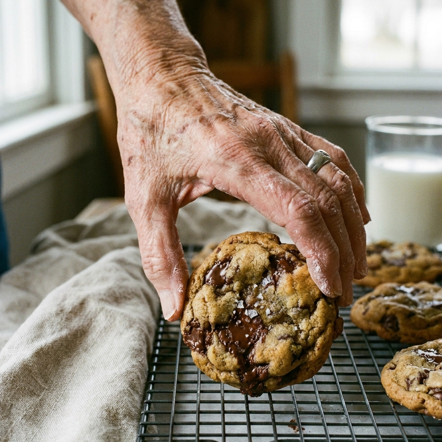 An older woman's hand reaching for a fresh chocolate chip cookie on a cooling rack
